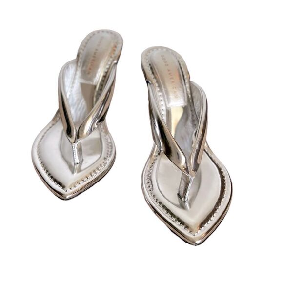 Good American Cinder-F*cking-Rella Silver Lucite Wedge Thong Sandal Size 8.5 - Picture 1 of 7